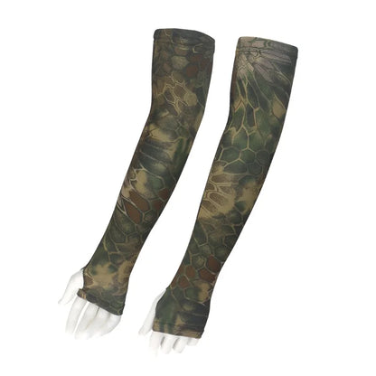 Sun protection arm sleeve in camouflage pattern on model