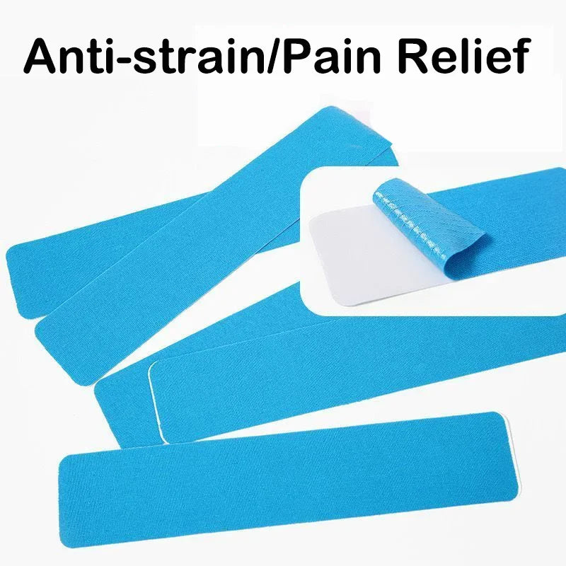 Close-up of pre-cut kinesiology tape strip showing waterproof breathable material and adhesive backing