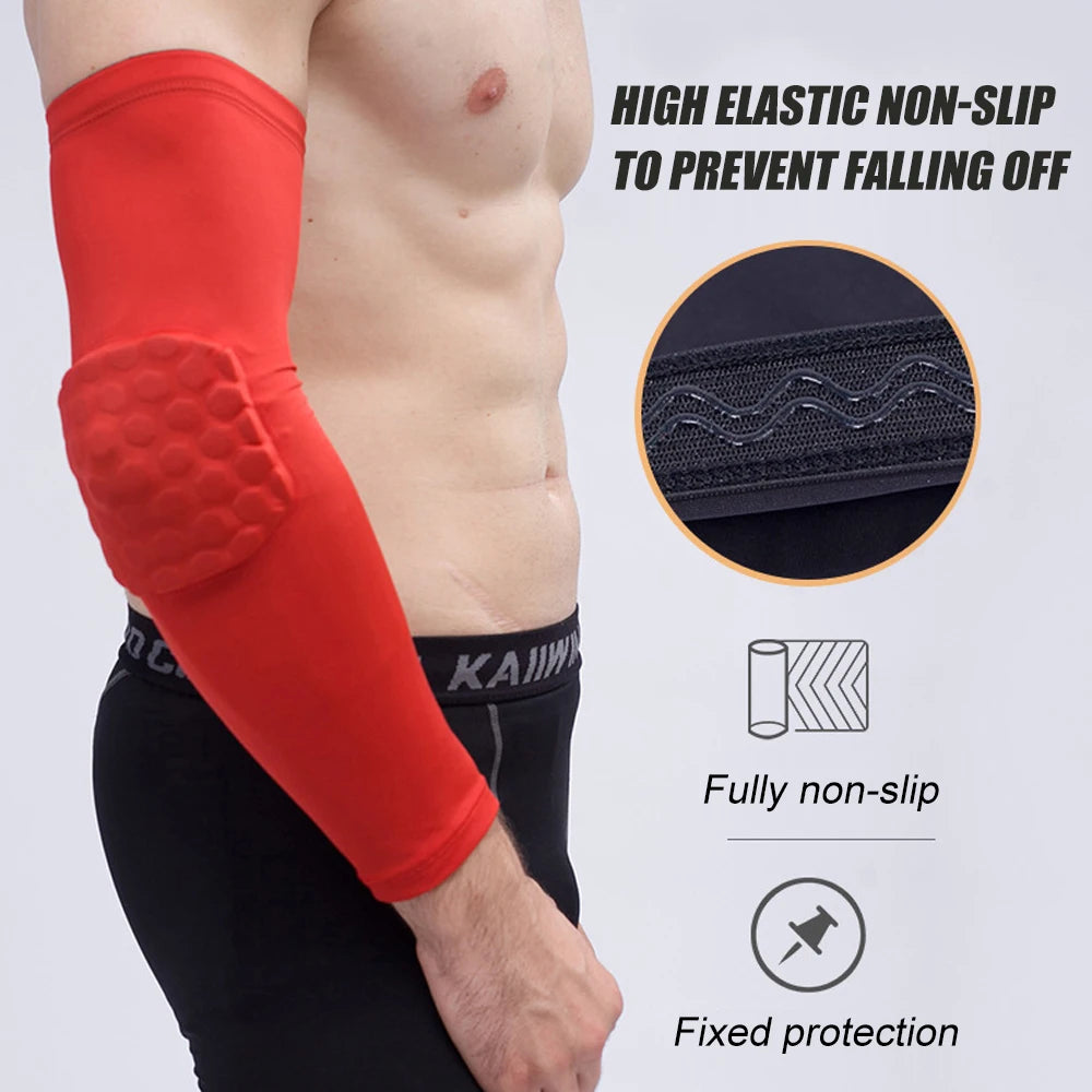 Basketball player wearing padded compression arm sleeve during game