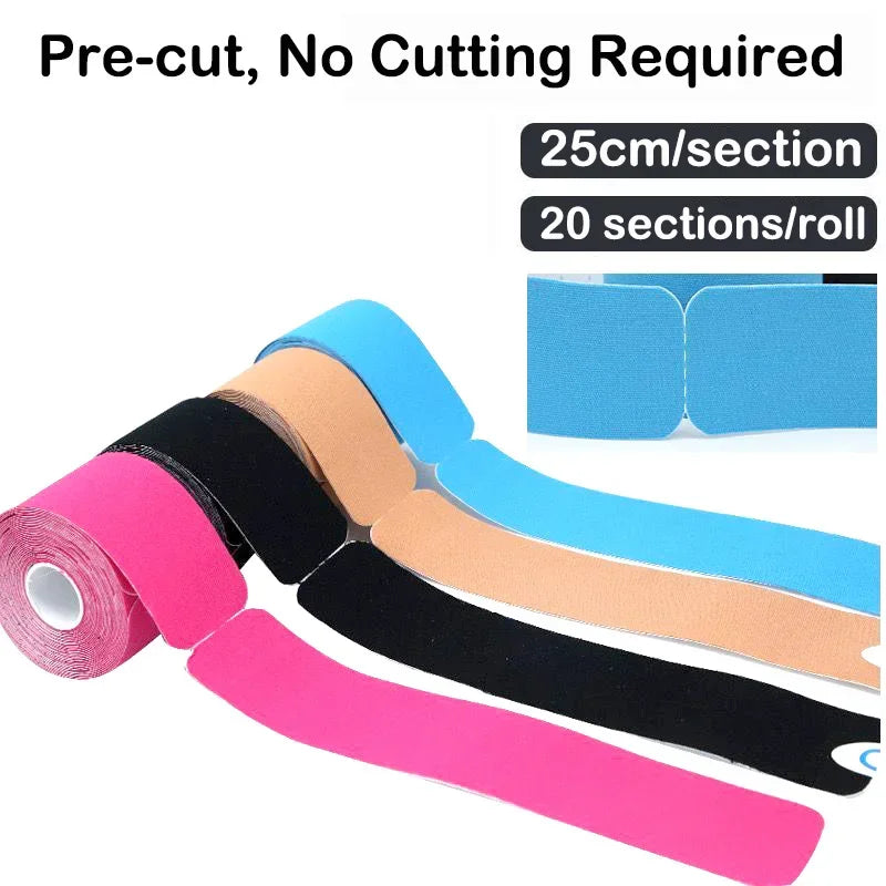 Pre-cut kinesiology tape on elbow for joint stabilization