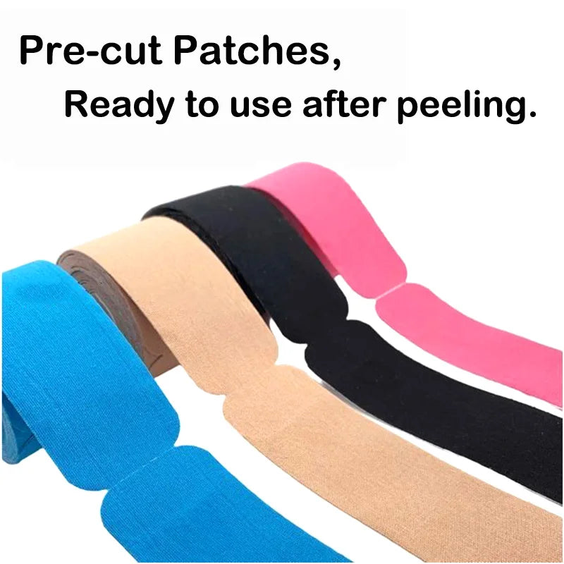 Pre-cut kinesiology tape strips in black color - ready to apply athletic muscle support tape
