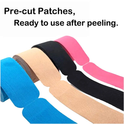 Pre-cut kinesiology tape strips in black color - ready to apply athletic muscle support tape
