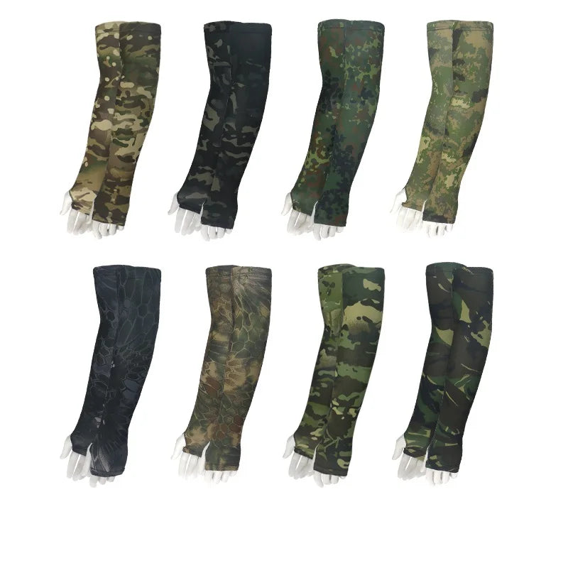 Camouflage arm sleeve close-up showing ice silk fabric texture