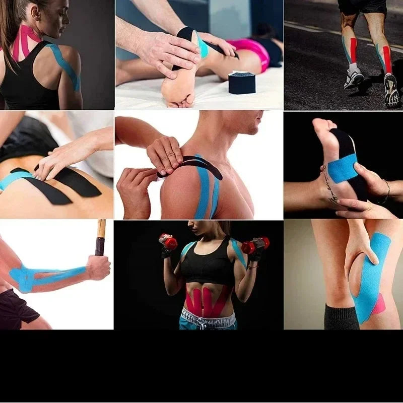 Kinesiology tape on shoulder for muscle strain support